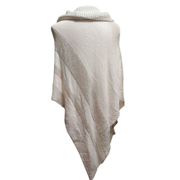 Belldini S M Ivory Metallic Knit Asymmetrical Poncho Sweater Cowl Neck Pullover - Picture 5 of 11